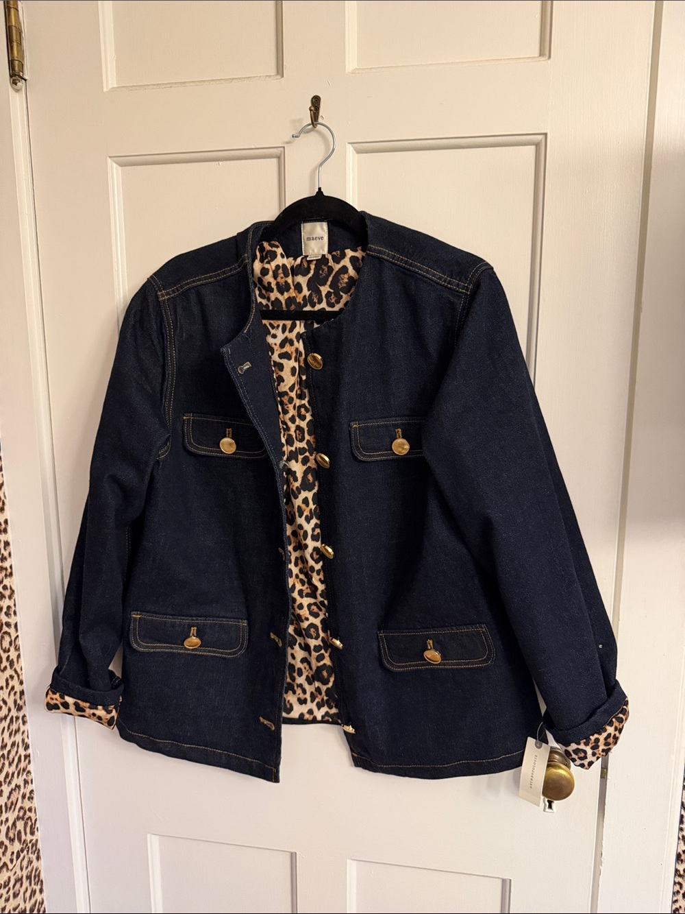 Maeve Dark Blue Denim Jacket with Leopard Trim